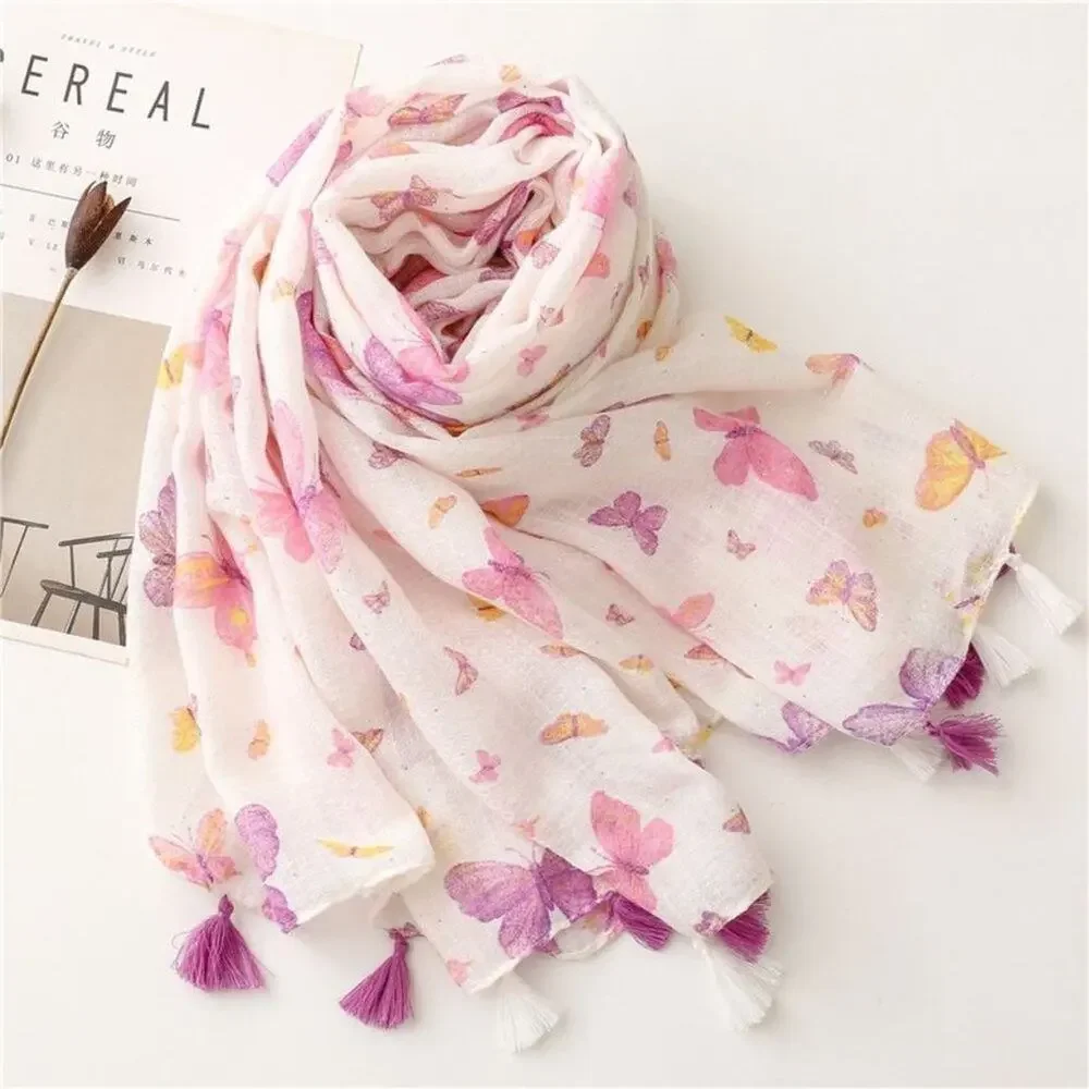 NEW Boho Butterfly Design Tasseled Rectangle Soft Chic Scarf Large Cream Pink